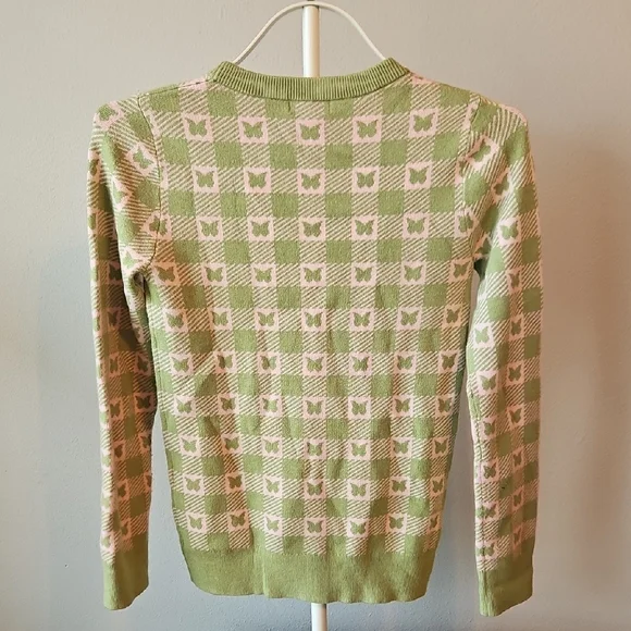 Nordstrom Green and Cream Checker Butterfly Knit Sweater - Picture 5 of 8